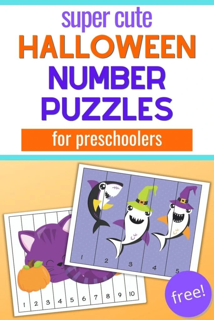 Text "super cute Halloween number puzzles for preschoolers" with a preview of two number building puzzles. One has numbers 1-5 and three Halloween sharks. The other has numbers 1-10 and a purple cat with two pumpkins. 
