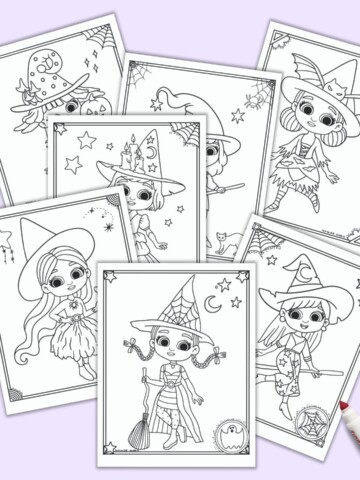 A preview of seven free printable cute Halloween witch coloring pages. Each page has a large cute witch girl to color and a doodle frame.