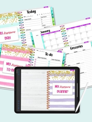 A flatlay mockup of a landscape orientation digital planner. At the bottom center is a black iPad mockup with the front cover for the planner. The cover has purple and white stripes and the text "my awesome planner" in pink letters. Behind the iPad are four interior planner pages including a daily to do list, grocery shopping list, a calendar page for January, and a daily planner page