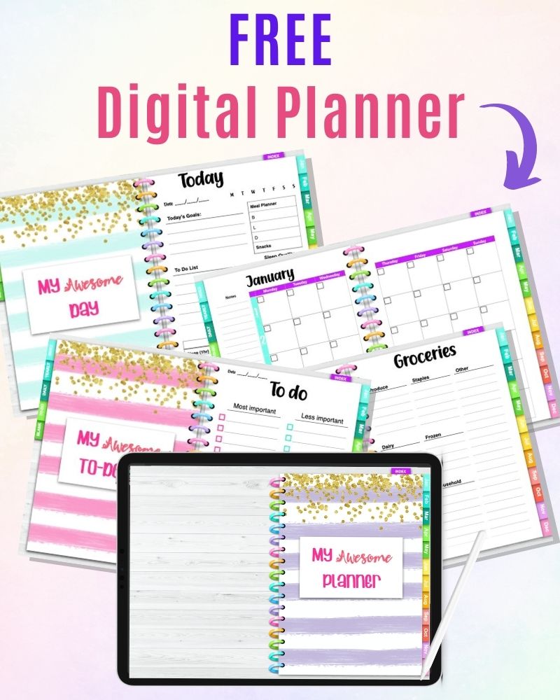 text "free digital planner" at the top. There is a purple arrow pointing down. Below is a mockup showing a black iPad with a digital planner front cover. It has purple and white stripes and the title "my awesome planner" in pink letters. Behind the iPad are mockups of 4 planner interior pages including a to do list, grocery shopping list, calendar page for January, and "today" planner page.