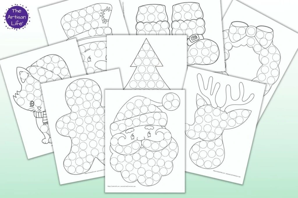 free printable Christmas do a dot pages for toddlers and preschoolers on a green background. Images include Santa, Rudolph, a gingerbread man, a Christmas tree, Frosty, Santa's boots, and a wreath.