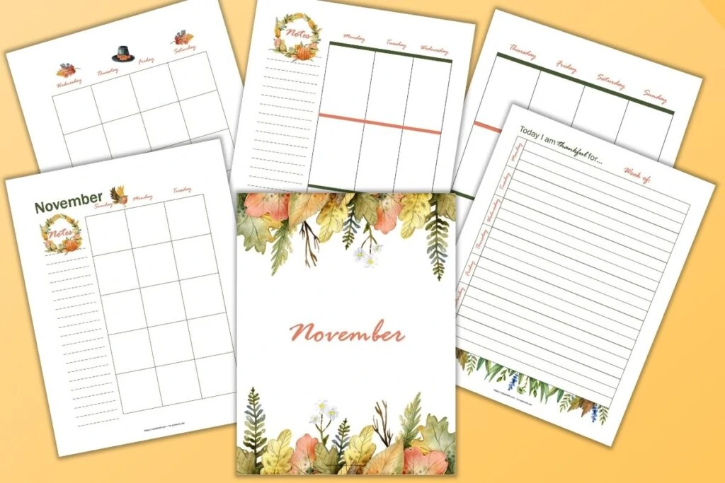 A preview of 6 fall watercolor November planner printables. Pages include a cover page with fall foliage and "November," monthly calendar pages, a vertical weekly spread, and a gratitude ejouranl page