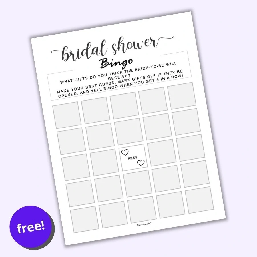 an image of a fill in blank bridal shower bingo card on a purple background. The card has a center free space with two hearts and grey squares for wedding shower guests to fill in.