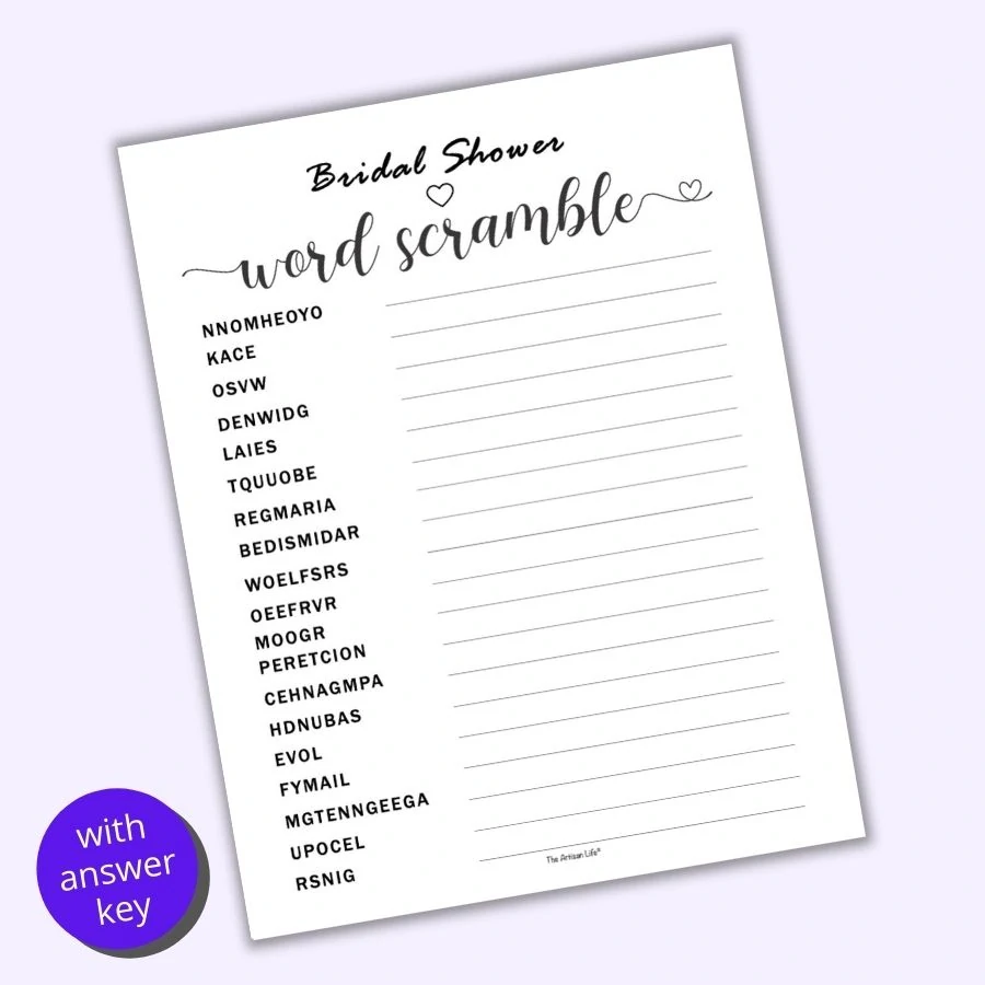 A preview of a free printable bridal shower word scramble with 20 words to unscramble. The heading font is in a script with a heart at the end of the "e". The preview is on a light purple background next to a round purple button with the text "with answer key"