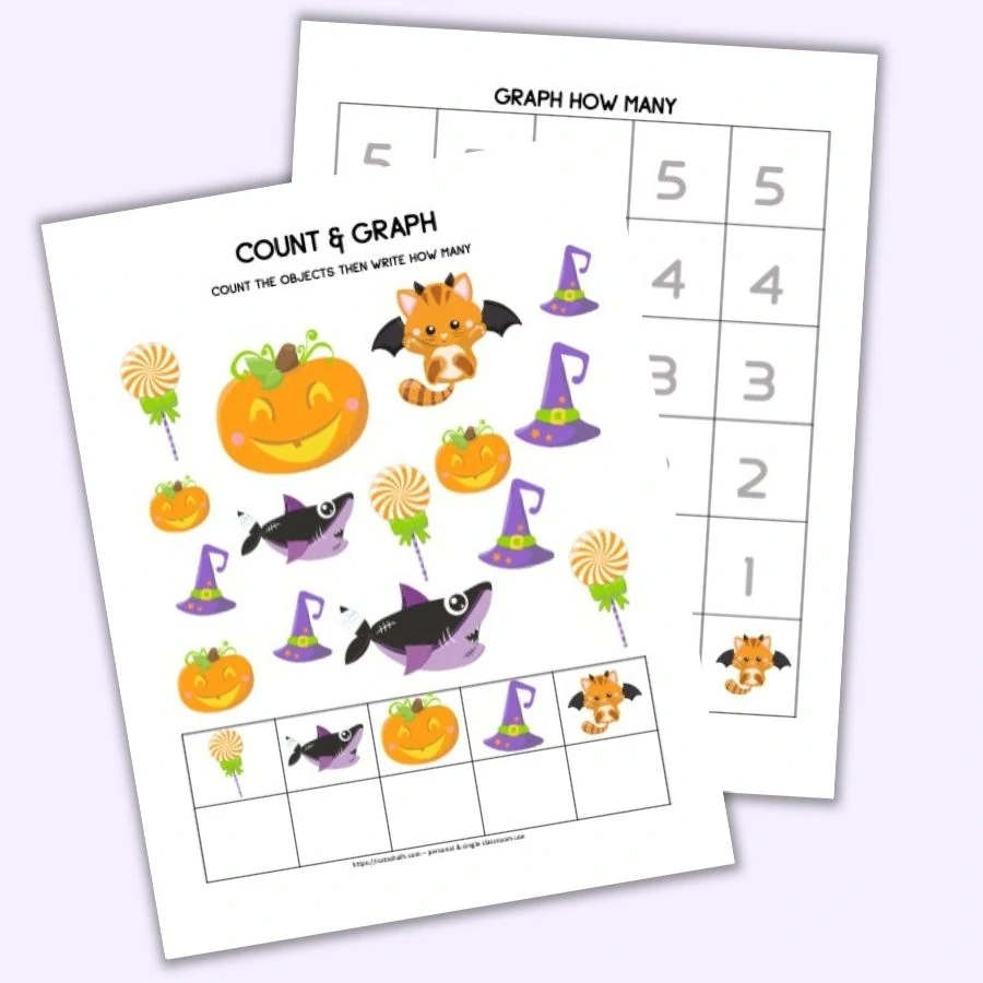 Preview of a printable Halloween count and graph printable worksheet with numbers 1-5 and cute Halloween cartoon images