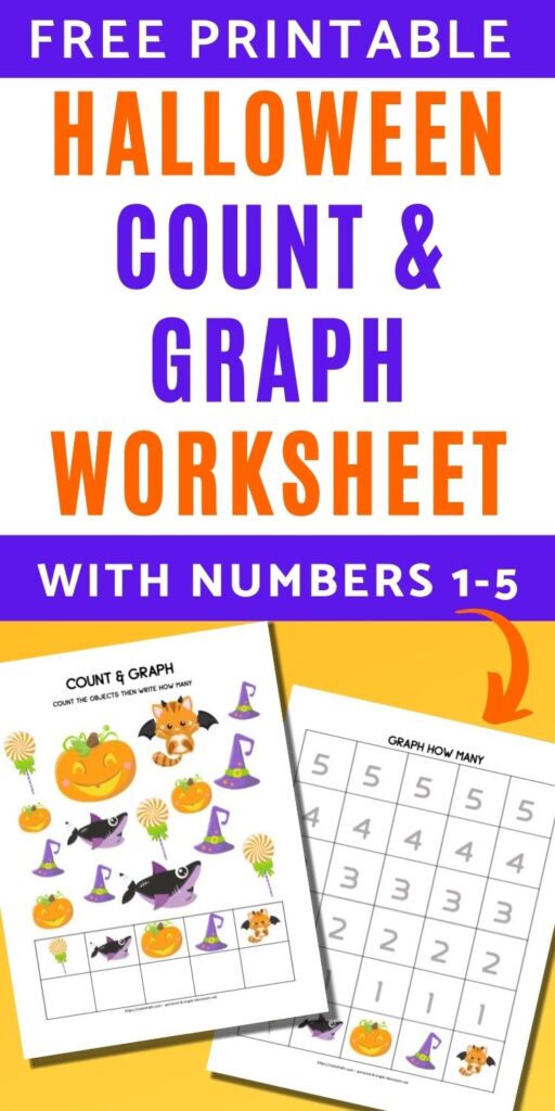 text "Free printable Halloween count and graph worksheet with numbers 1-5" with a preview of an I-spy game with Halloween images and a graphing page with space to graph up to 5