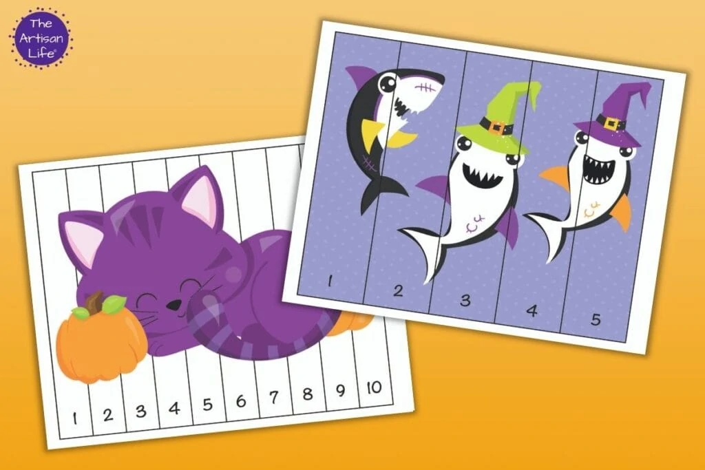 Two printable Halloween number building puzzles. One has numbers 1-5 and three Halloween sharks. The other puzzle has numbers 1-10 and a purple cat with two pumpkins