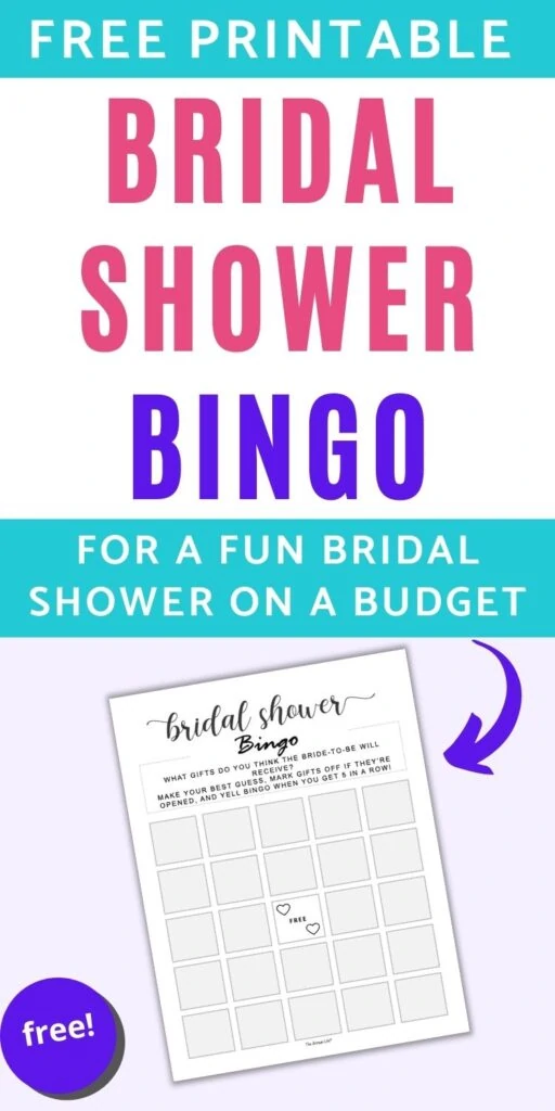 text "free printable bridal shower bingo for a fun bridal shower in a budget." Below is an image of a fill in blank bridal shower bingo card on a purple background. The card has a center free space with two hearts and grey squares for wedding shower guests to fill in.