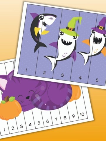 two printable Halloween number order puzzles for preschoolers. One has numbers 1-5 and features three Halloween sharks. Another has numbers 1-10 and a Halloween cat with pumpkins.