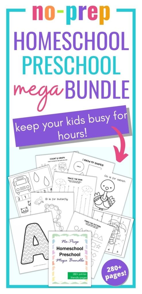 text no-prep homeschool preschool mega bundle to keep your kids busy for hours" with a preview of black and white printable preschool activities pages for toddlers and preschoolers