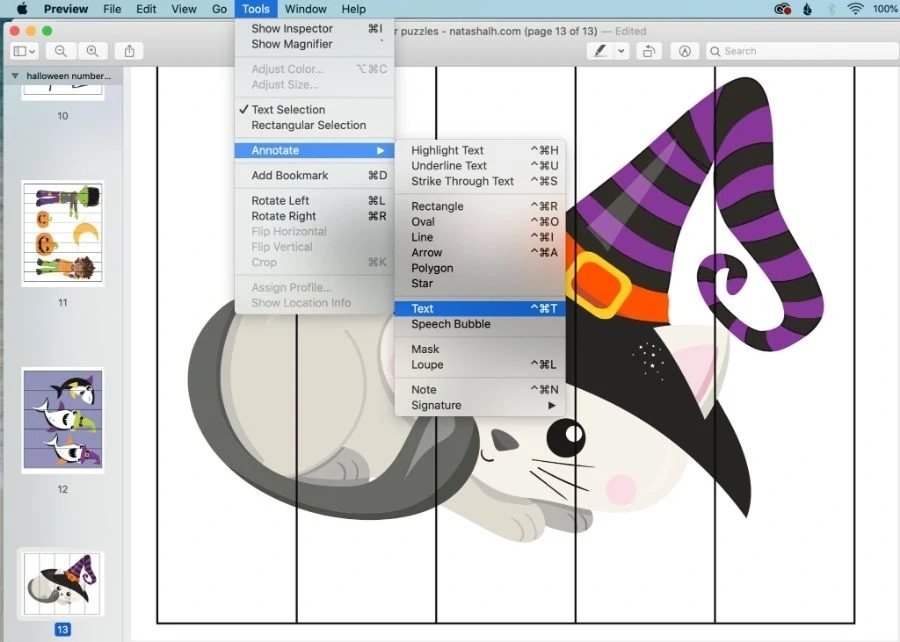 A screenshot showing how to a dd text to a PDF in Mac's Preview. The image is a cute Halloween cat in a box with 5 lines to create a number building puzzle for preschoolers. The menu -> tools -> Annotate -> Text options are selected