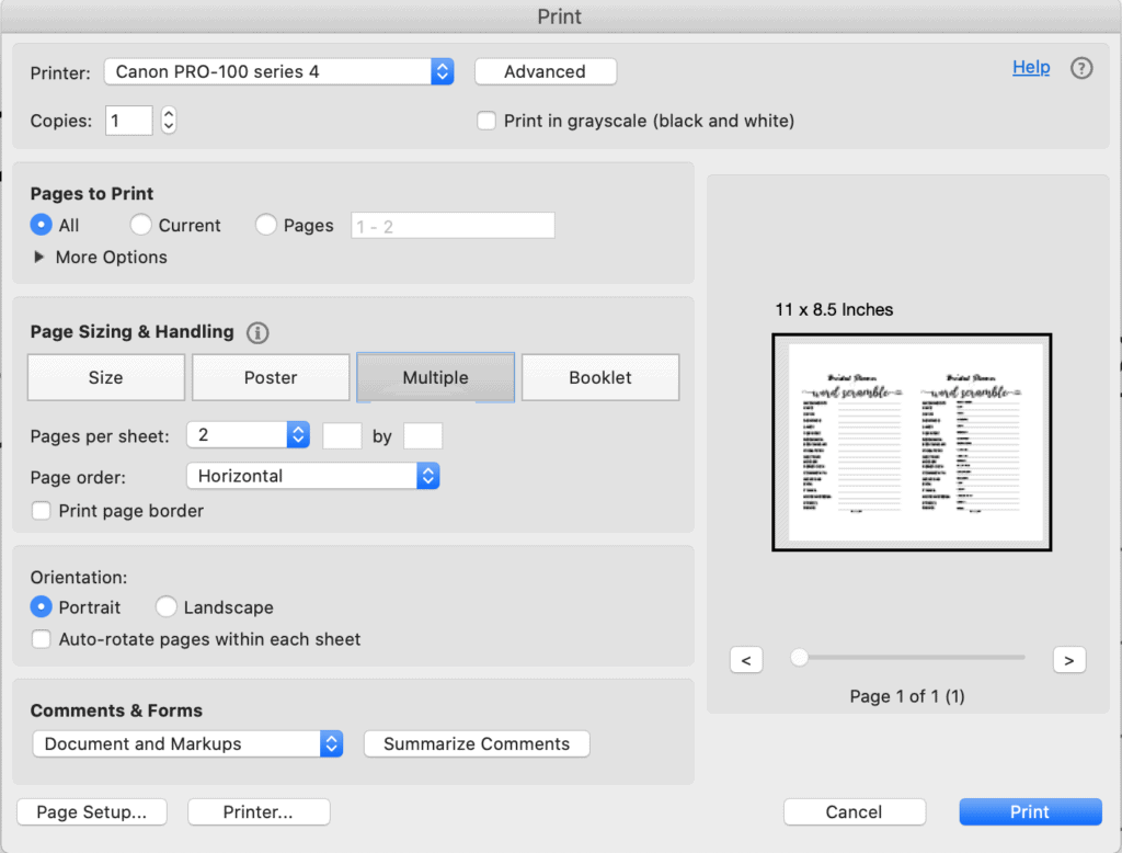 A screenshot of printing a bridal shower word scramble in Acrobat Reader 2 up. The "multiple" button in the print dialogue box is selected with 2 pages in horizontal orientation.