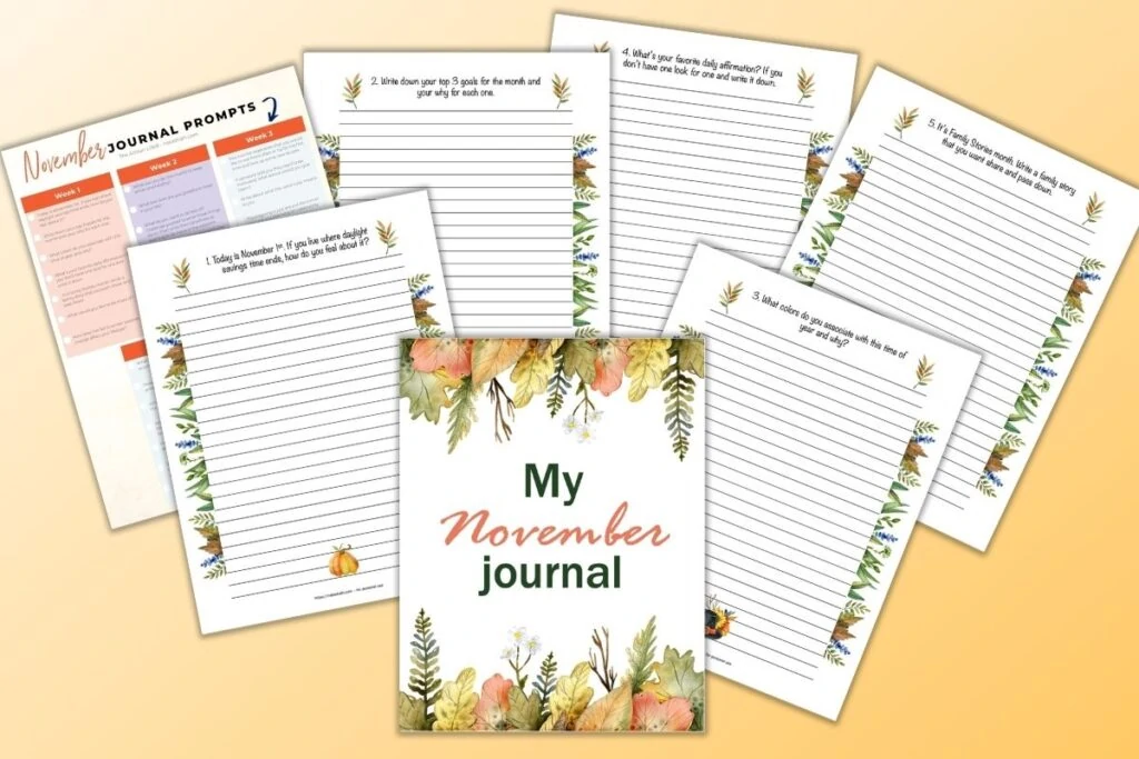 A flatly mockup of a printable journal for November with guided journal prompts for each day. There are 7 pages shown, including a cover page reading "my November journal." The pages are flat on a light orange background.