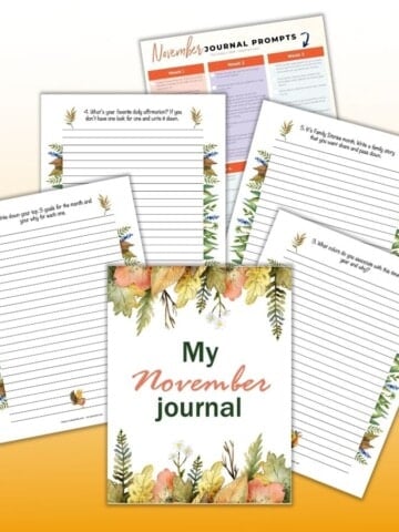 a flatly preview of 6 printable journal prompts for November including a cover page reading "My November journal" and a page with 30 journal prompts for the month of November