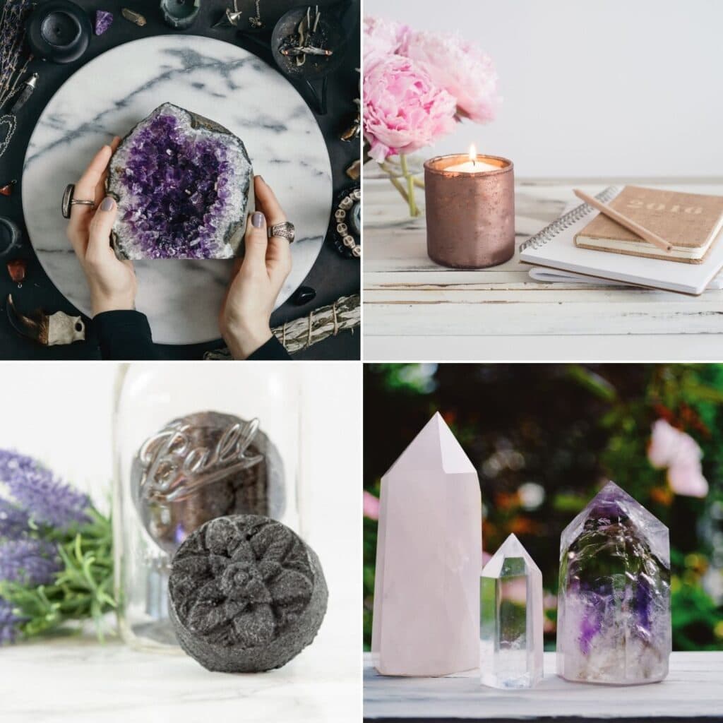 a 2x2 image grid showing a woman's hands holding amethyst, a journal with candles, an activated charcoal bath bomb, and crystal points.