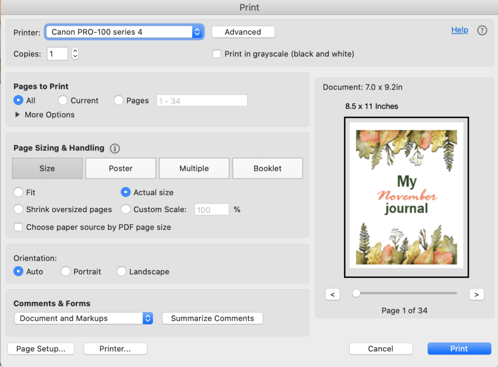 A print dialogue box from Acrobat Reader showing printing a November journal page for Happy Planner Classic at 100% size
