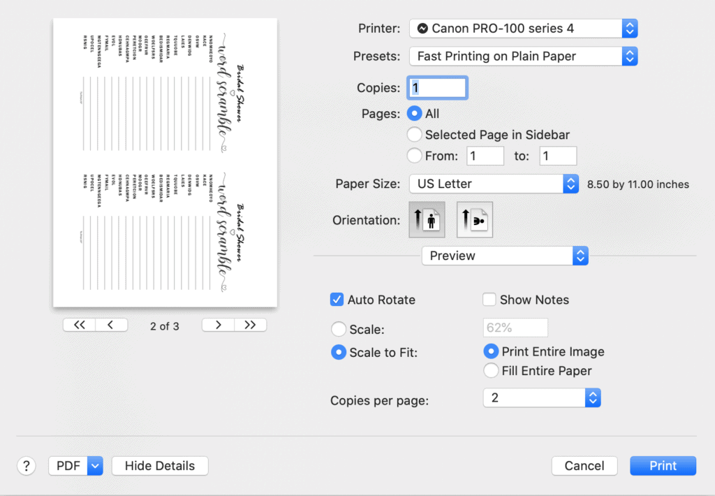 A screenshot of printing a bridal shower word scramble 2 to a page in Mac OS Preview
