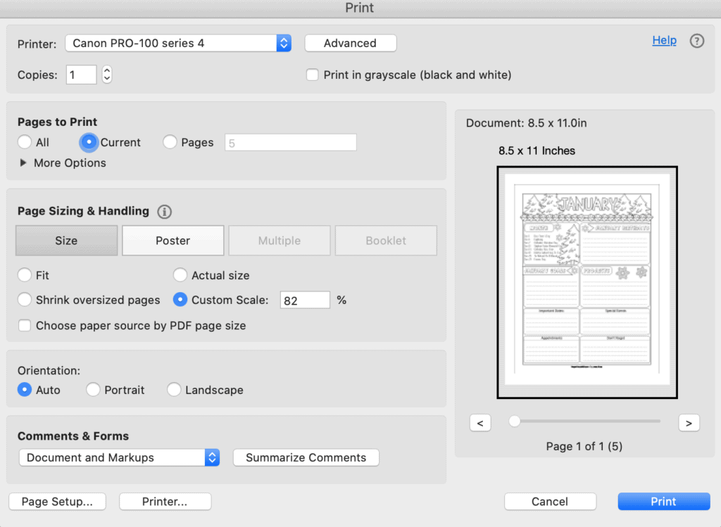 A screenshot of a print dialogue box showing printing at 82% for printing a US letter sized PDF to fit in the Happy Planner Classic