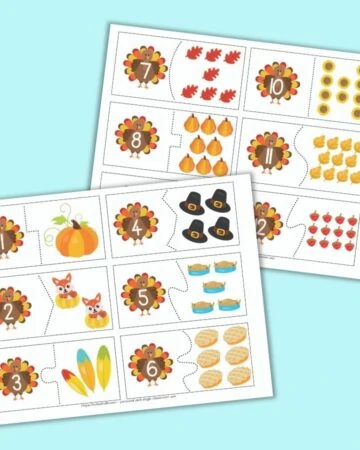 Two pages of printable two part number puzzles with a Thanksgiving theme. Each page has 6 number puzzle cards to cut out. The left side of each card has a turkey with a number 1-12. The right side has a corresponding number of cartoon Thanksgiving-related images such as pumpkins, slices of pie, and turkeys.