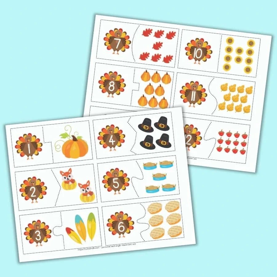 Two pages of printable two part number puzzles with a Thanksgiving theme. Each page has 6 number puzzle cards to cut out. The left side of each card has a turkey with a number 1-12. The right side has a corresponding number of cartoon Thanksgiving-related images such as pumpkins, slices of pie, and turkeys.