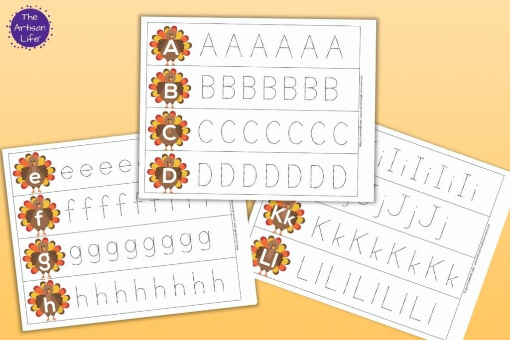 Three printable turkey themed letter tracing strips. One has letters a, b, c, and d with dotted letters to trace. Behind and to the left is a printable with letters E, F, G, and H with letters to trace. In the bottom right is a page with uppercase and lowercase letters on the same page. Ii, Jj, Kk, and Ll