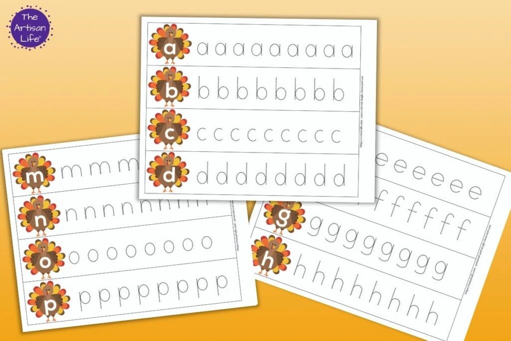 Free printable turkey themed letter tracing strips. There are three pages of printables on a light orange background. The pages are stacked so you can only see all of the front and center page, which features the lowercase letters a-d on turkeys with a row each of a, b, c, and d in a dashed font to trace. 