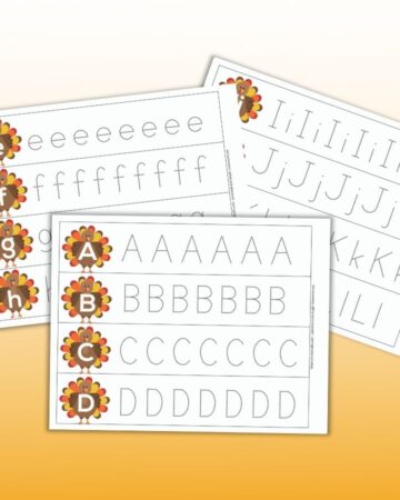 three printable alphabet tracing strips with letters on turkeys and dotted letters to trace. The front page has A B C and D each on a turkey followed by a line of dotted uppercase letters to trace.