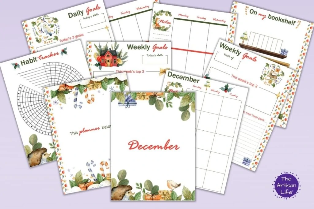 a flatly mockup of 10 printable Happy Planner Classic insert pages for December including a cover page, "this planner belongs to" monthly calendar, habit tracker, weekly goals, daily goals, weekly spread, and bookshelf tracker