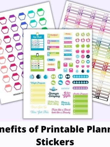 a flatly mockup of three digital planner sticker sheets above the text "benefits of printable stickers." The front and center sticker page has bright, cheerful fitness icons. Behind are hexagon stickers and checklist header stickers.