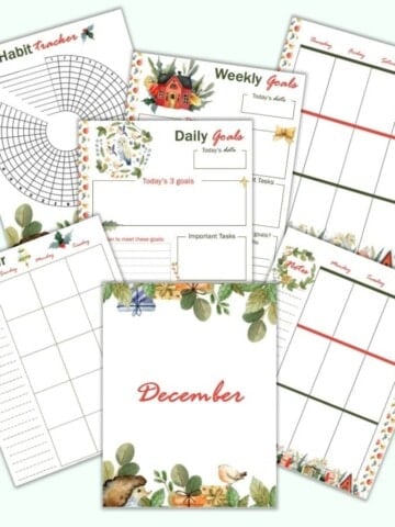 a mockup flatlay image with 7 printable December planner pages featuring watercolor art. There are a December cover page, monthly planner pages, weekly vertical pages, weekly and daily goals trackers, and a habit tracker