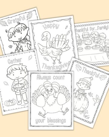 six printable Thanksgiving wall art coloring pages. Each page features a doodle border frame and a word to color such as "thankful" or "grateful" along with cute line art illustrations to color