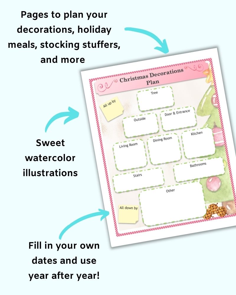 An image of a printable Christmas decorations planner page with places to write when to put up tree, outside, and inside Christmas decorations. 