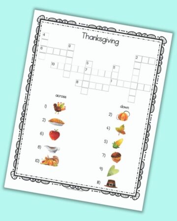 A printable Thanksgiving crossword puzzle with pictures for clues instead of text-based clues. The page is shown on a teal background.