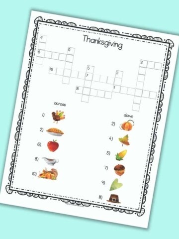 A printable Thanksgiving crossword puzzle with pictures for clues instead of text-based clues. The page is shown on a teal background.