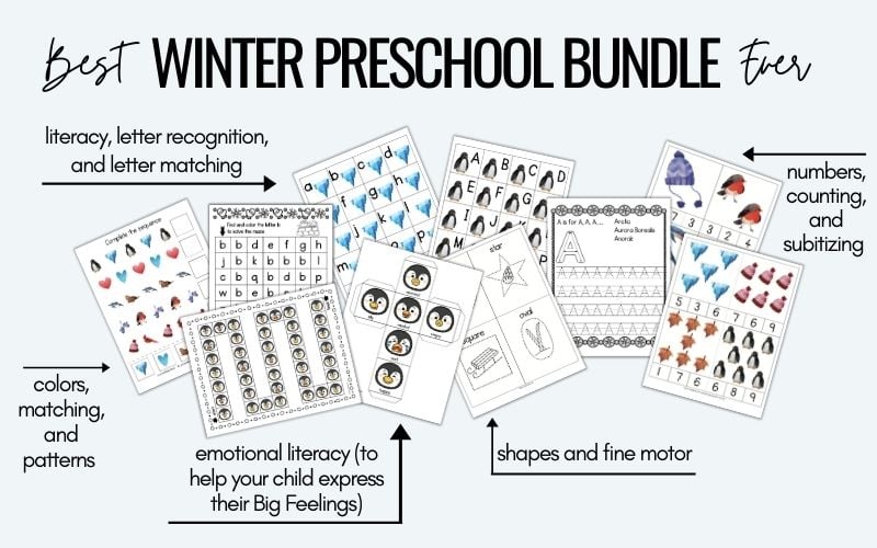 text "The best winter preschool bundle ever" above 10 pages from a winter themed preschool bundle with arrows and captions. Counterclockwise around the image, the text includes "literacy, letter recognition, and letter matching;" "colors, matching, and patterns;" "emotional literacy (to help your child express their big feelings);" "shapes and fine motor;" and "numbers, counting, and subitizing." The preschool worksheets include alphabet flash cards, shape tracing, alphabet tracing, and a penguin emotion game.