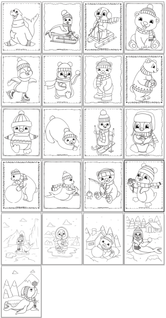 A screenshot of a grid of 21 printable winter animal coloring pages with cute penguins, seals, and polar bears for children to print and color
