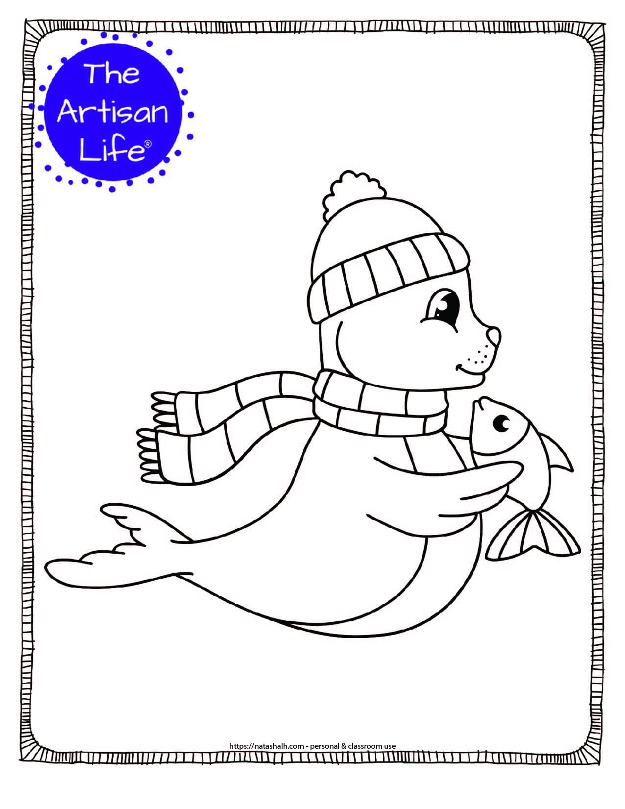 a coloring page with a cute seal wearing a hat and scarf holding a fish