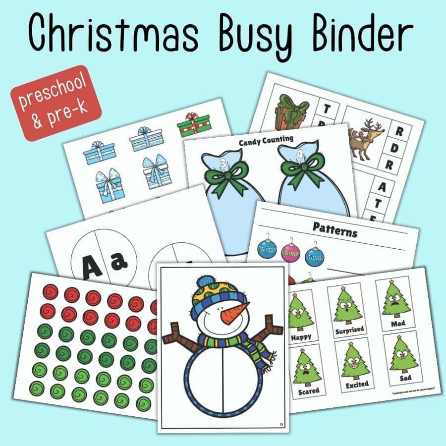 A preview of a Christmas themed busy binder printable set for preschoolers and pre-k students. The front and center image is a snowman with space to match uppercase and lowercase letters. Colorful buttons for counting, Christmas trees with emotions, and pattern sequence printables are also shown.