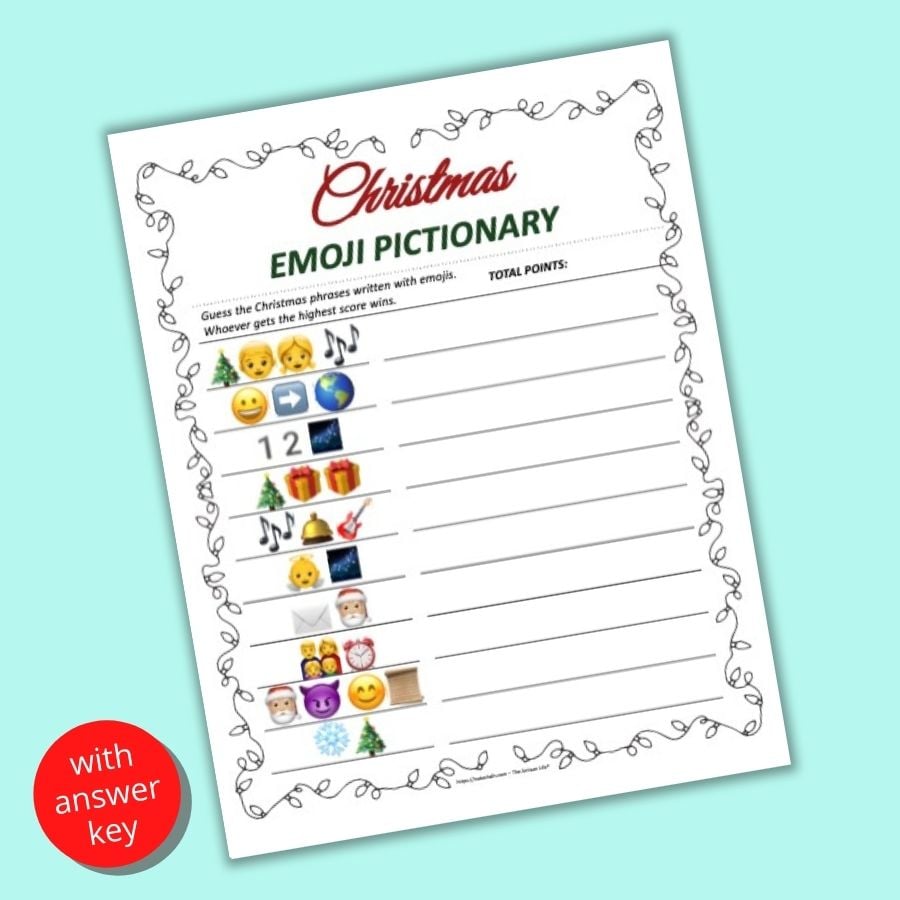 A flatly mockup of a printable Christmas picture emoji pictionary game with 10 Christmas phrases written in emojis to decode. The printable is on a teal background. 