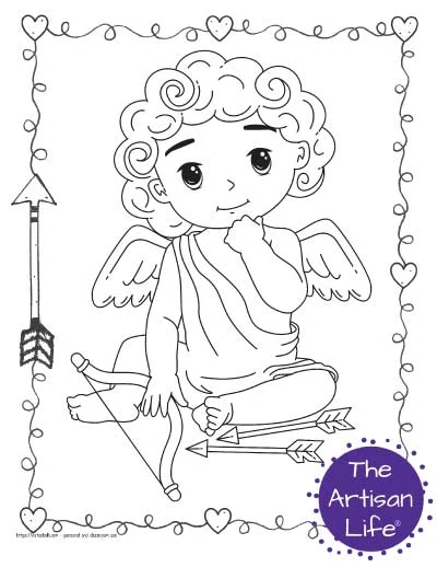 A Valentine's Day coloring page for kids with a cute cartoon Cupid sitting down with his arrows on the ground. He is holding a hand to his face as if thinking.