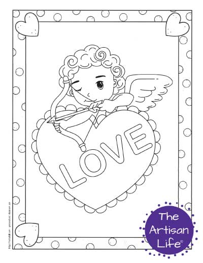 A Valentine's Day coloring page for kids with a cute cartoon Cupid taking aim from behind a heart with "love" written on it