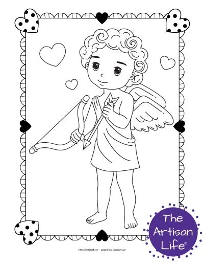 A Valentine's Day coloring page for kids with a cute cartoon Cupid standing with his bow and an arrow surrounded by hearts