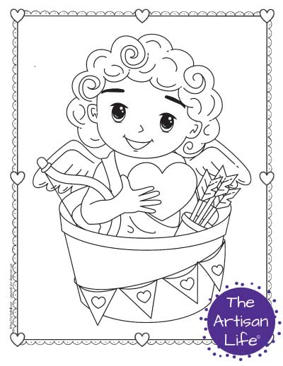 A Valentine's Day coloring page for kids with a cute cartoon Cupid sitting in a bucket decorated with heart bunting. He is holding a heart and has his bow and arrow.