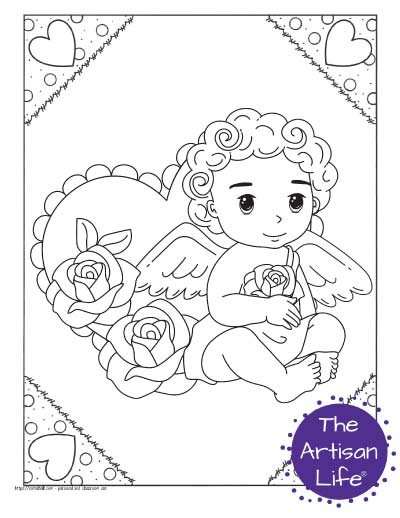 A Valentine's Day coloring page for kids with a cute cartoon Cupid sitting down with roses