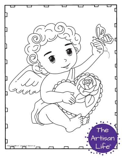 A Valentine's Day coloring page for kids with a cute cartoon Cupid sitting down holding a box of chocolates