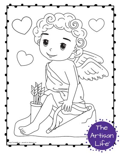 A Valentine's Day coloring page for kids with a cute cartoon Cupid sitting on a rock with bow, arrows, and hearts