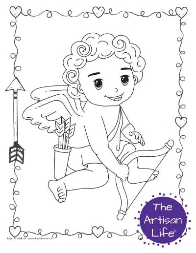 A Valentine's Day coloring page for kids with a cute cartoon Cupid sitting with his bow and quiver of arrows