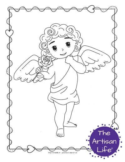 A Valentine's Day coloring page for kids with a cute cartoon Cupid standing with a rose