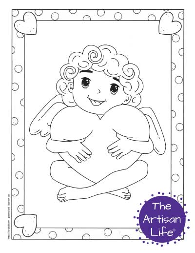 A Valentine's Day coloring page for kids with a cute cartoon Cupid sitting and hugging a large heart