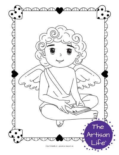A Valentine's Day coloring page for kids with a cute cartoon Cupid sitting and holding a stack of Valentine envelopes